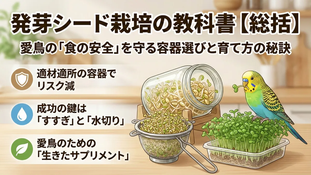 発芽シード栽培の成功例を示す総括画像。適切な容器選びと日々のメンテナンスで育った新鮮な発芽シードをインコに与える飼い主の様子。