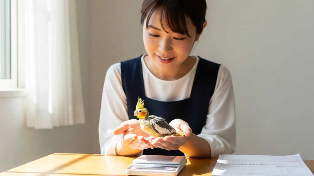 一人餌に完全に移行し、自分で餌を食べる健康なオカメインコ