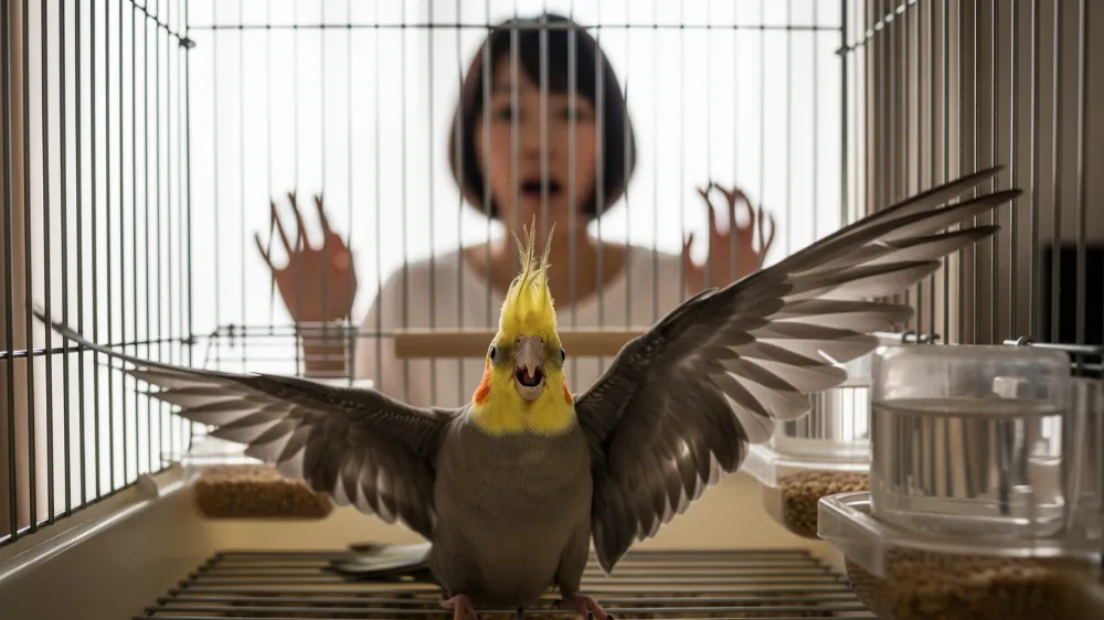 オカメインコのケージと安全性に関するよくある質問に答えるオカメインコのイラスト。