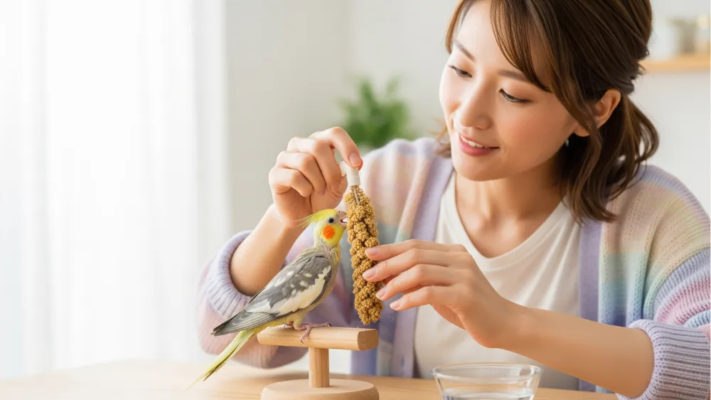 床に撒かれたペレットを興味深そうにつつく、一人餌の練習を始めたオカメインコの雛