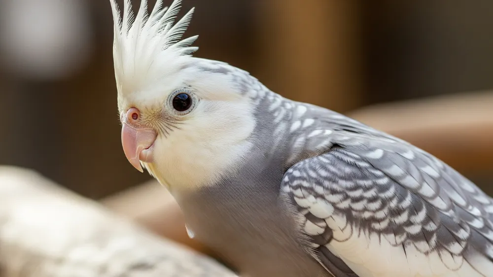 背中に独特のパール模様を持つオカメインコホワイトフェイス・パール。価格は4万円からで、オスは成長すると模様が消えることがある。