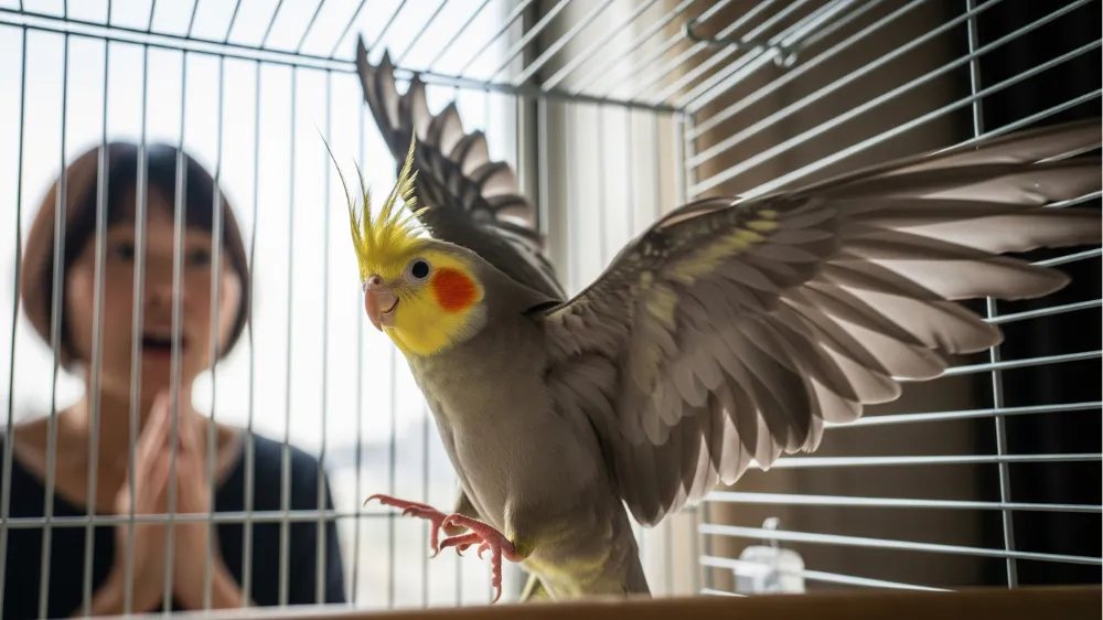 ケージ掃除中にオカメインコがパニックを起こす3大原因。掃除機の音、水の音、飼い主の急な動きを図解。