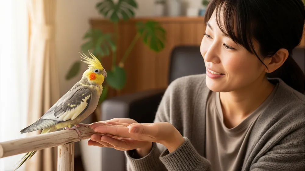 飼い主に優しく撫でられ、生涯にわたる愛情深いケアを受けるオカメインコ