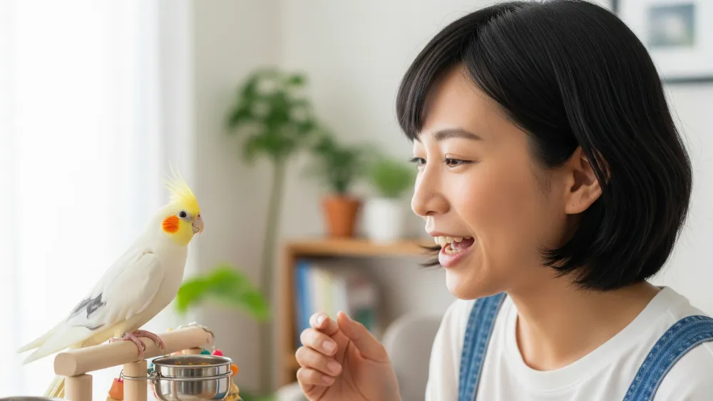 飼い主と楽しそうに遊ぶことで深い信頼関係を築くオカメインコ。呼び鳴きは飼い主を群れの仲間と認める愛情表現でもある。