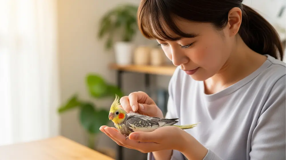 疑問符の浮かぶ背景の前で首をかしげる可愛らしいオカメインコ