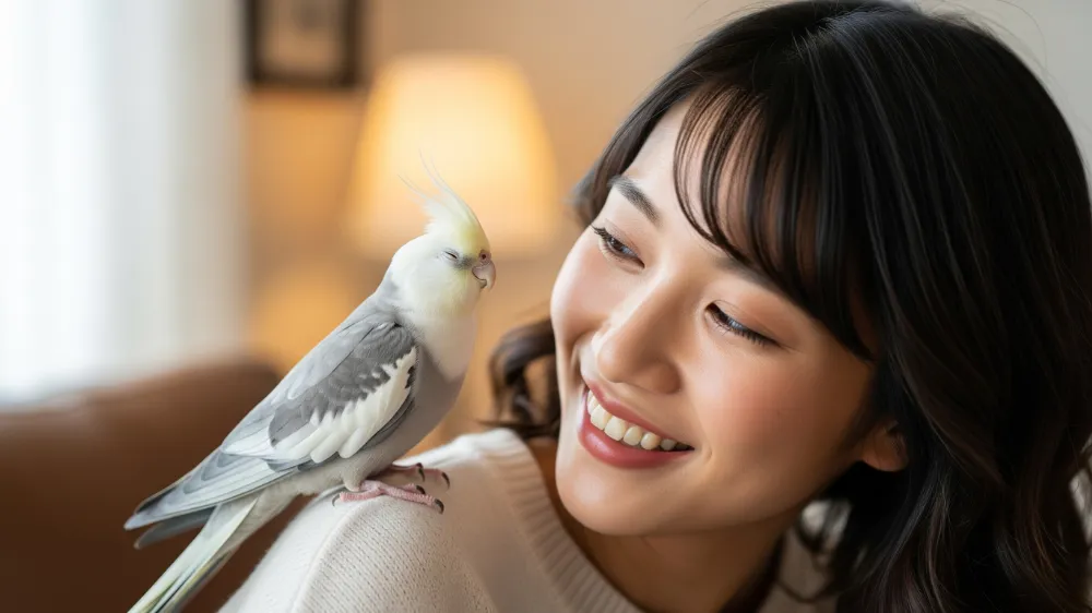 オカメインコホワイトフェイスと優しく触れ合う飼い主の手。性別を理解することが深い絆に繋がります。