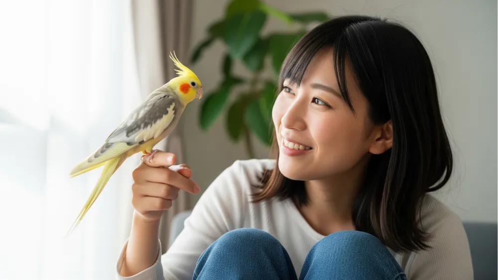 飼い主の肩に乗り信頼を寄せるオカメインコ。価格だけでなく相性も大切。
