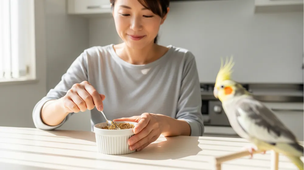 カレンダーを見ながら、オカメインコの様子を伺いつつ慎重にペレット切り替え計画を立てる飼い主