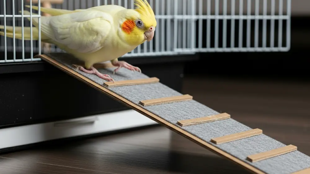 オカメインコの老鳥介護に不可欠なケージのバリアフリー化。床置きされ、スロープが設置されている。