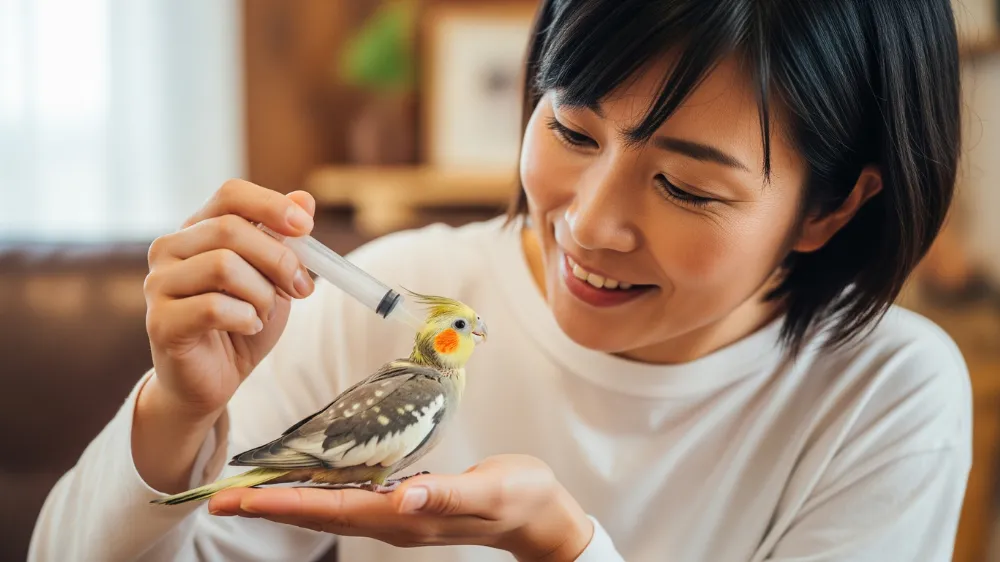 床に撒かれたシードをついばみ、一人餌の練習を始めたオカメインコの雛
