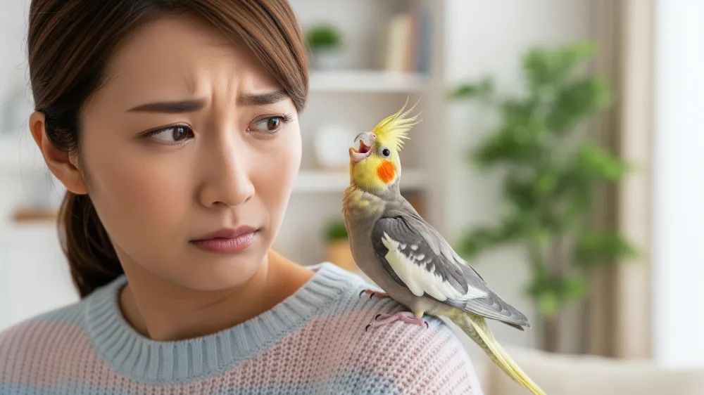 一人餌への移行がうまくいかず、心配そうに飼い主を見つめるオカメインコの雛