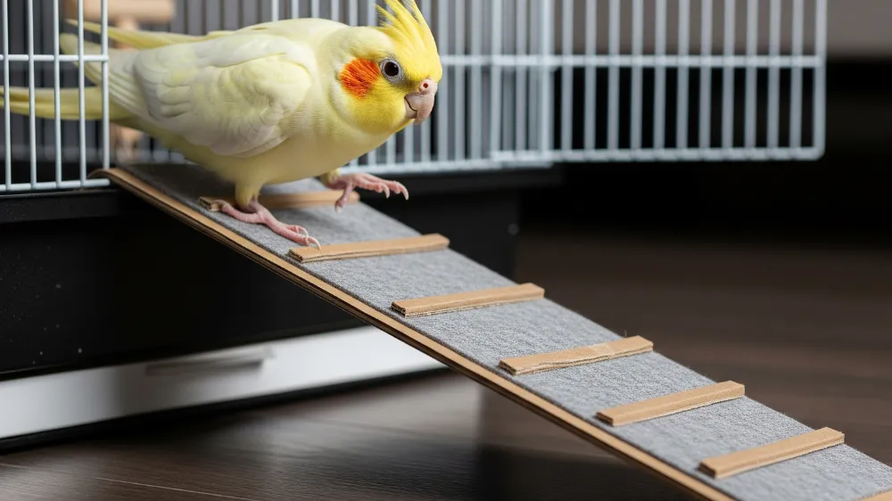 オカメインコシニア鳥（10歳以上）のケージレイアウト。低めの止まり木配置、滑り止め付き止まり木、餌入れ・水入れを複数箇所に設置、老鳥の体力低下に配慮した安全重視の環境。