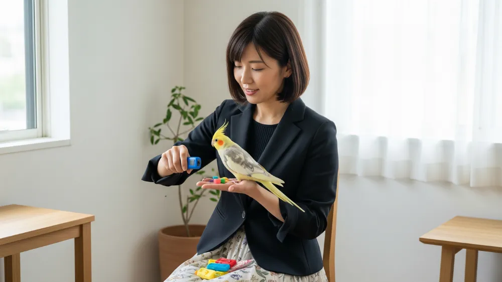 飼い主の肩に乗り、愛情深く見つめ合うオカメインコ。知能を理解することで深い絆が生まれることを象徴する。