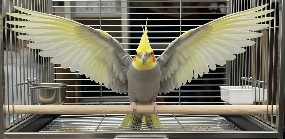推奨サイズ幅46.5cmのオカメインコケージで快適そうに過ごすオカメインコ。