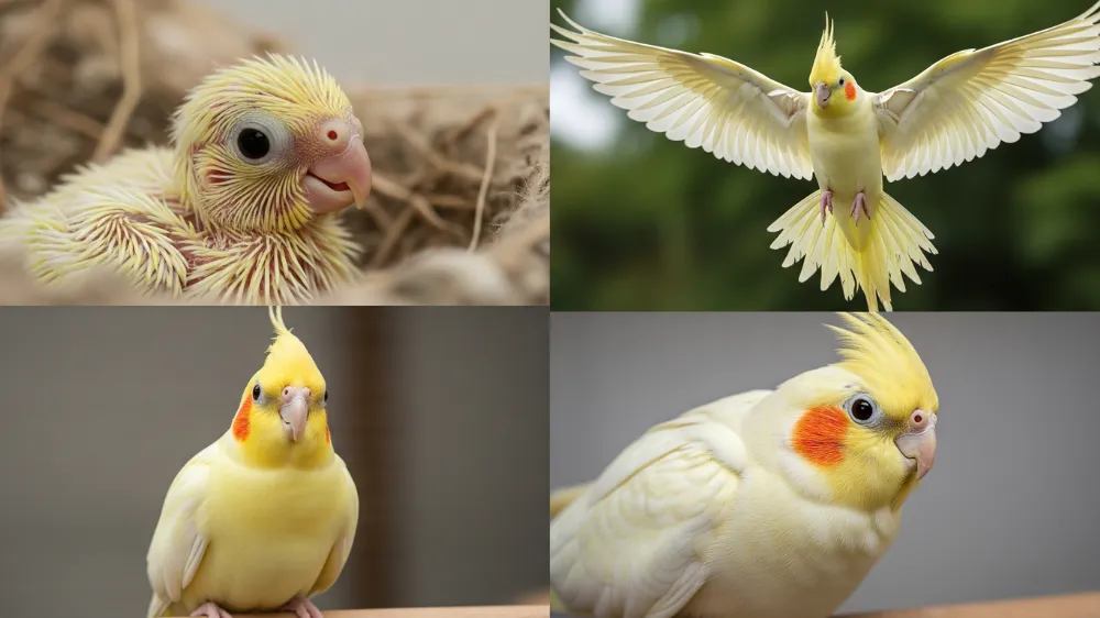 幼鳥期、成鳥期、高齢期のライフステージを示すオカメインコルチノー。年齢に応じたケア調整が長生きの秘訣。
