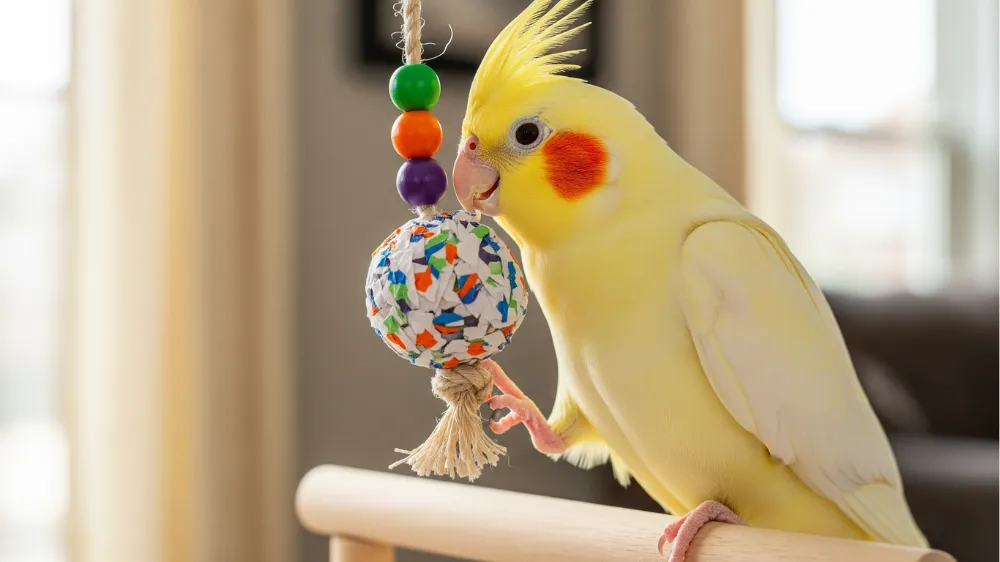 おもちゃで遊びストレスを発散するルチノーオカメインコ。穏やかで安心できる環境作りが健康な寿命に不可欠。