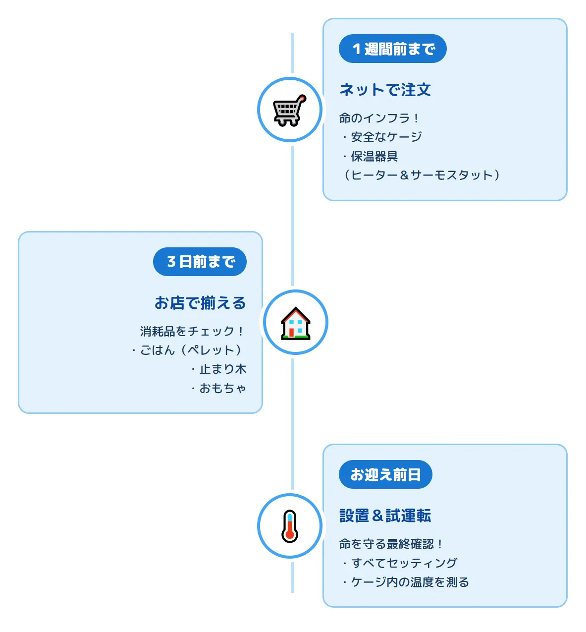 オカメインコお迎え準備のロードマップ図解。1週間前にインフラ注文、3日前に消耗品調達、前日に試運転という3ステップを示す。