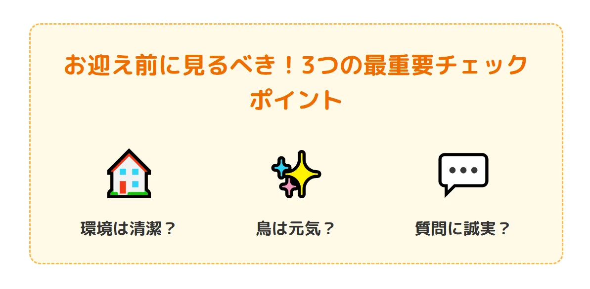 優良なオカメインコブリーダーを見分けるイメージ。飼育環境や健康管理への姿勢を虫眼鏡でチェックすることが重要。