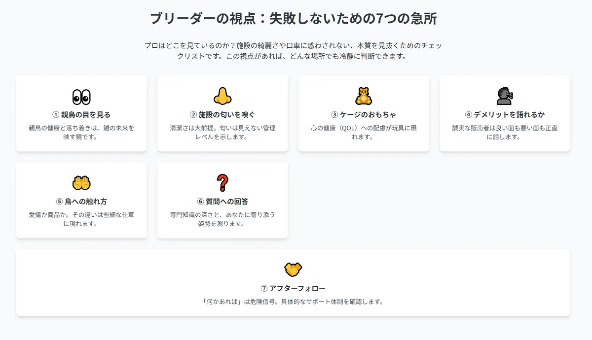 信頼できるオカメインコの販売店を見分けるための7つの重要チェックポイントを示す虫眼鏡のイラスト。飼育環境の清潔さや販売者の誠実さを確認する方法を図解。