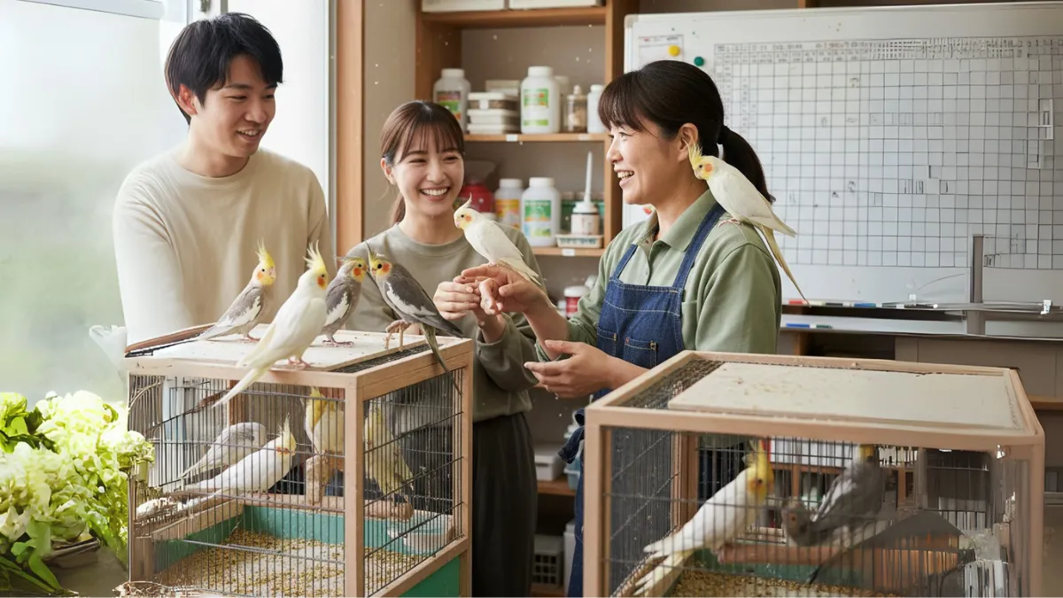 オカメインコの購入先の選び方に関するよくある質問に答えるQ&A形式のイメージイラスト。初心者が抱える疑問や不安を解消するためのヒントが満載。