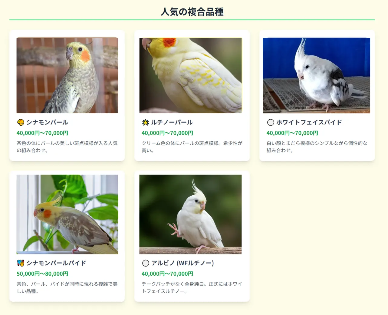 オカメインコの人気の複合品種を写真付きで紹介するインフォグラフィック。シナモンパール(4万円〜)やアルビノ(4万円〜)など、基本品種の組み合わせで生まれる美しい6種類の鳥を一覧化。