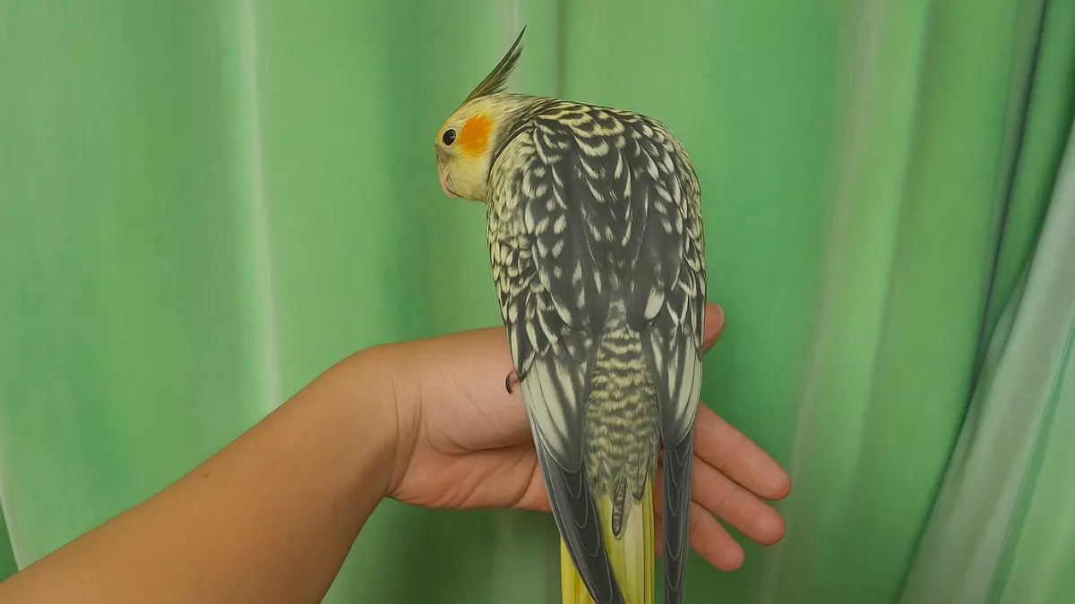 生後1か月でパール模様が美しいオスのオカメインコ。成長するとこの模様が消える前の貴重な姿。