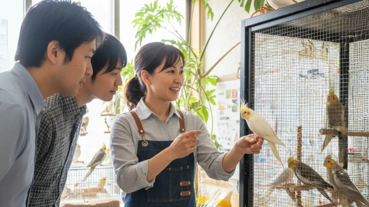 ブリーダーとの相談風景。飼育環境の見学、親鳥の健康状態の説明、挿し餌方法の指導など、信頼できる販売元の特徴を実演