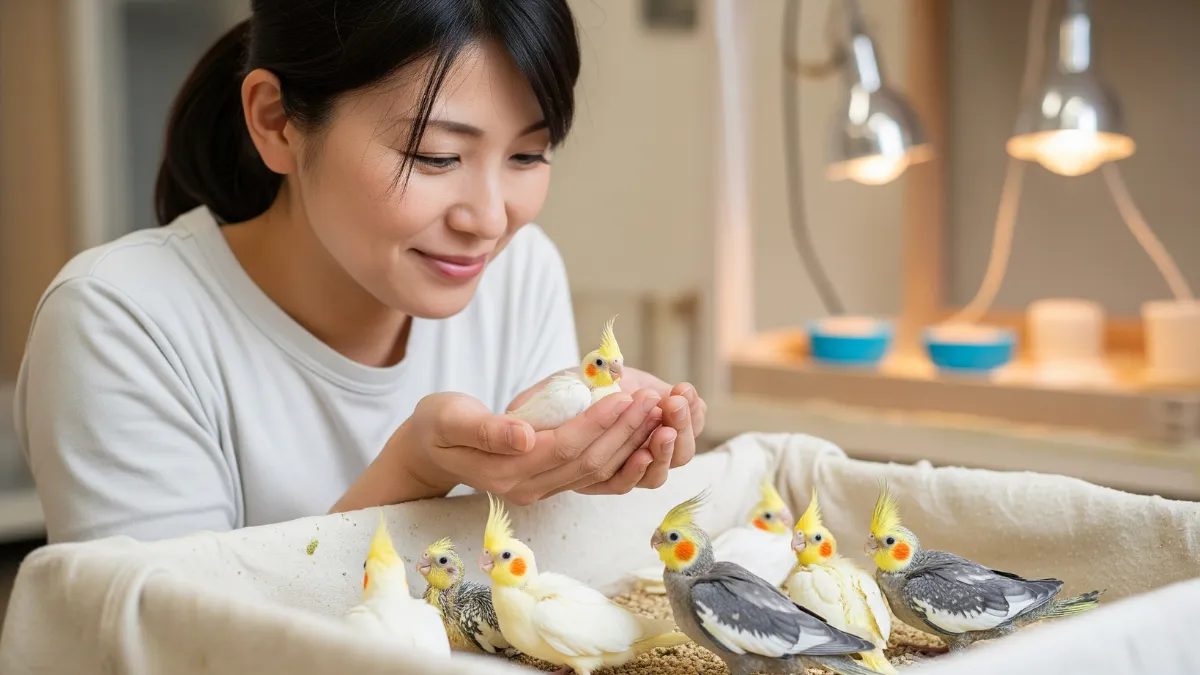 専門ブリーダーが愛情を込めてオカメインコの雛に挿し餌をする様子。健康でベタ慣れに育つ環境の良さを示す一枚。