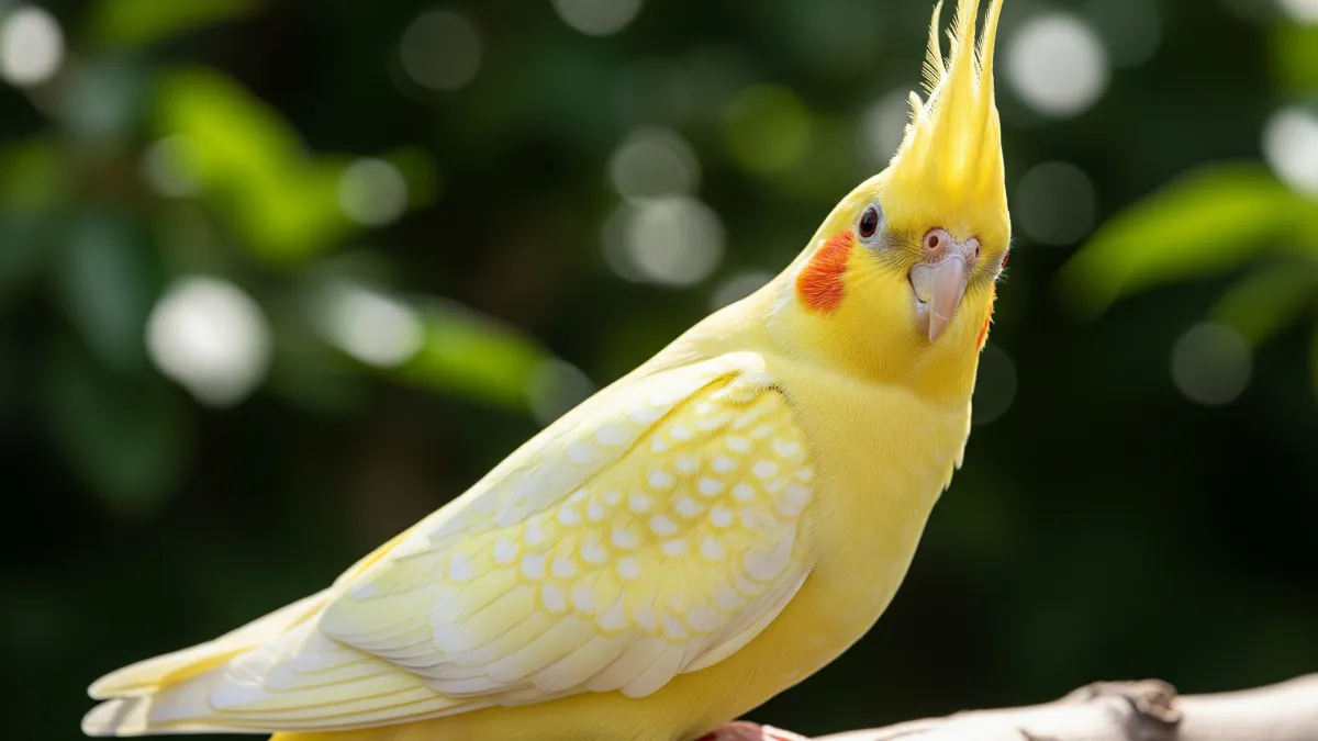 オカメインコルチノーパールの全体像。クリーム色の体に鮮やかな黄色のパール模様が特徴。