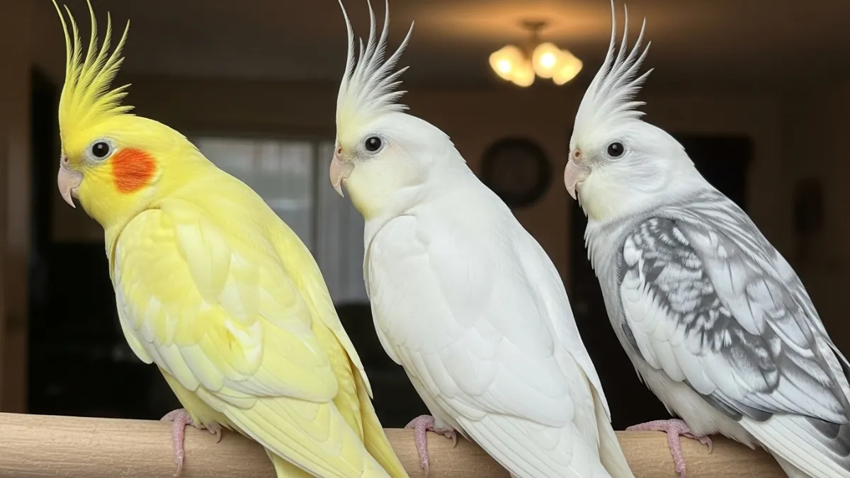 アルビノ、ルチノー、ホワイトフェイスの3羽が仲良く並び、飼い主との暮らしを想像させる美しい白オカメインコの写真。