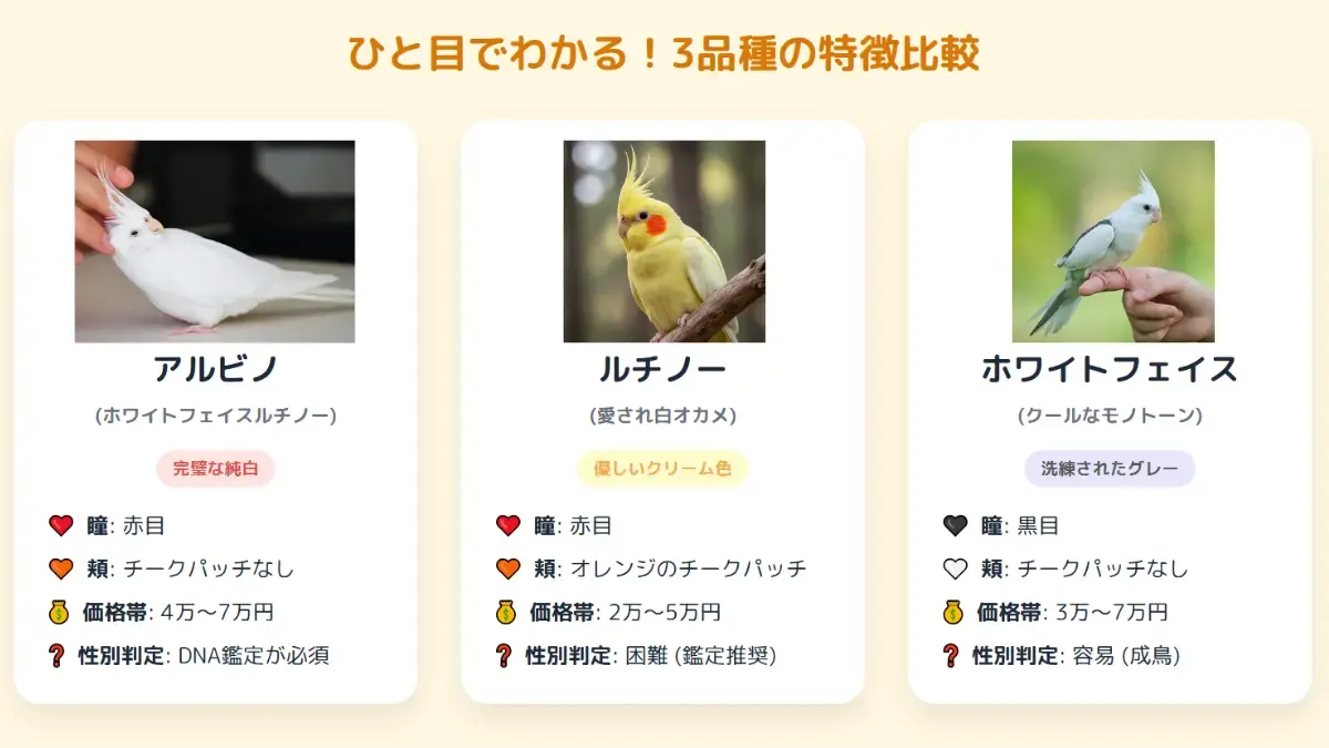 3種類の白オカメインコ（ルチノー、アルビノ、ホワイトフェイス）を並べて特徴の違いを比較しているインフォグラフィック。