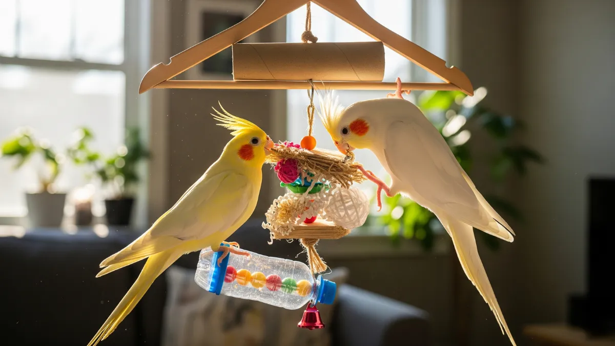 2羽のルチノーオカメインコが並んで止まり木に座っている様子。多頭飼いでは飼い主への呼び鳴きは減るが、インコ同士の鳴き交わしで音量が増える可能性を示す画像