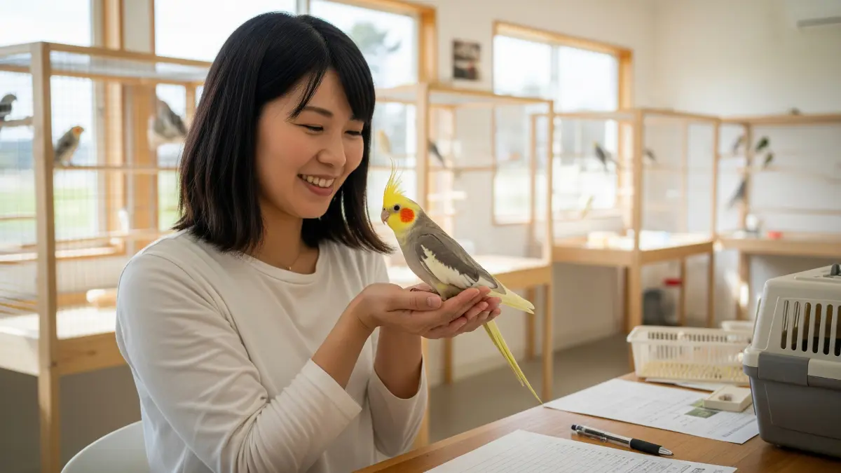 保護施設で新しい家族を待つオカメインコの成鳥。里親制度が鳥の命を救う選択肢であることを示す。
