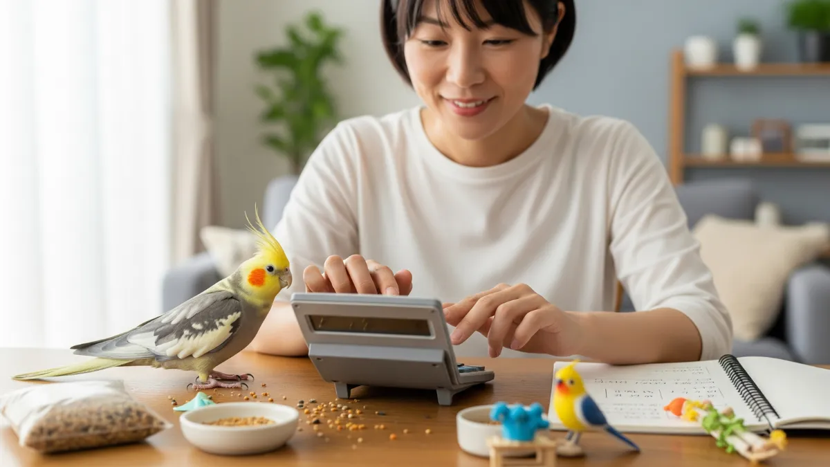 オカメインコの年間飼育費用の詳細を示すインフォグラフィック。ペレット代、おもちゃ代、光熱費、健康診断の具体的な金額をリストアップ。