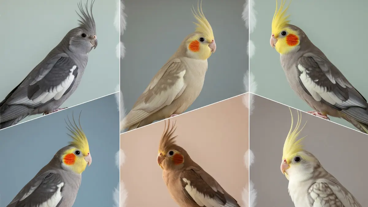 様々な品種のオカメインコたちが並んでいる画像