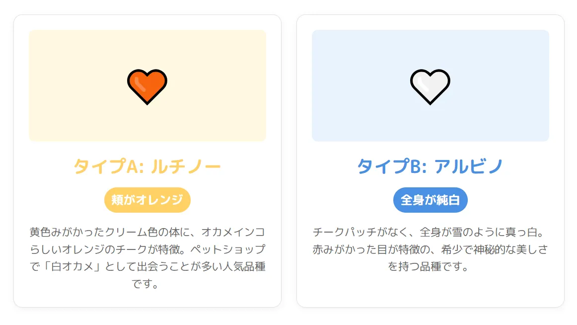 アルビノとルチノーの個体を並べ、チークパッチの有無という決定的な違いを視覚的に示したインフォグラフィック。