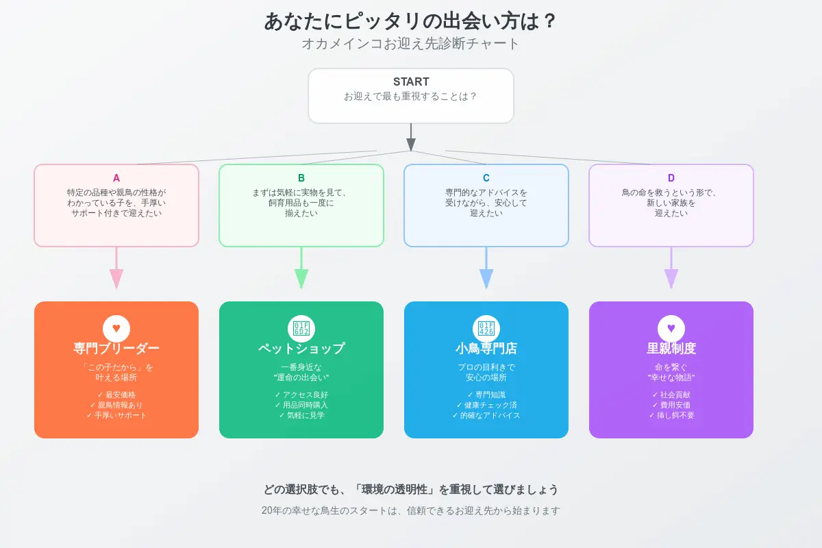 あなたの重視するポイント(専門性、手軽さ、社会貢献など)から最適なお迎え先(ブリーダー、ペットショップ等)を診断するフローチャート。