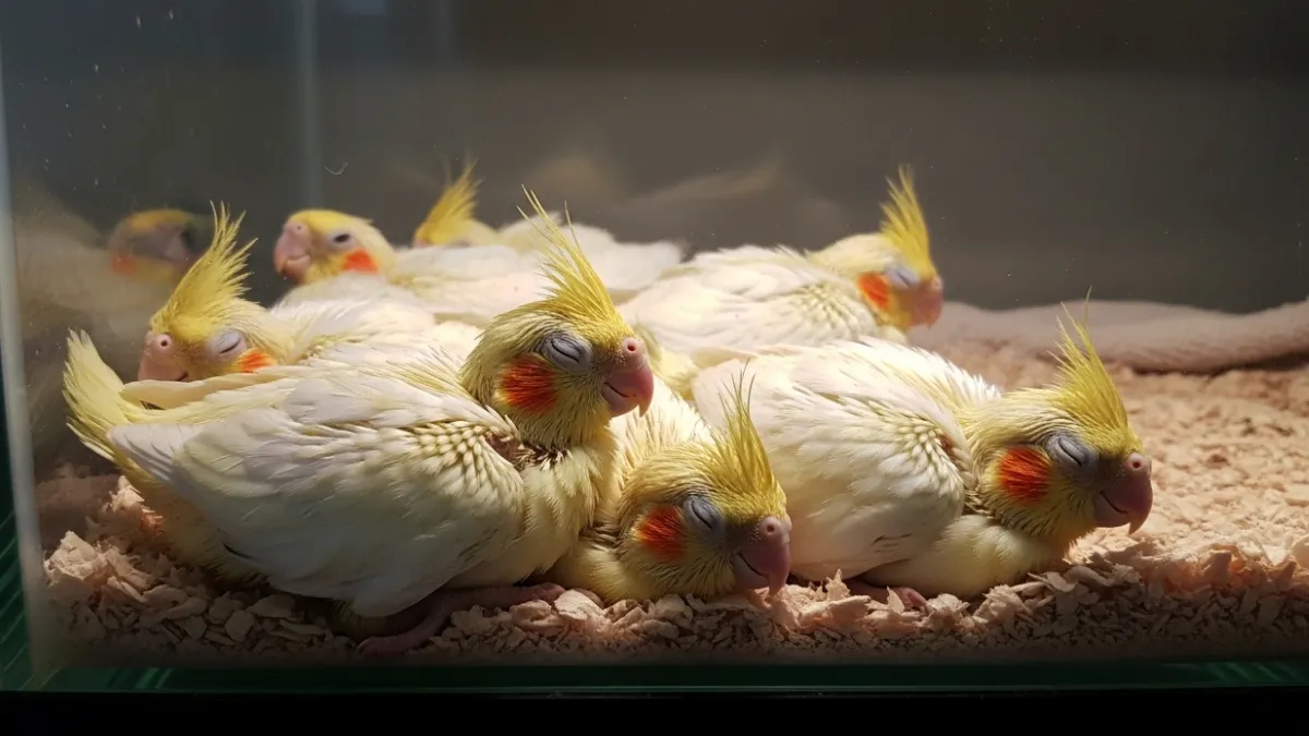 ヒーターと温湿度計が設置された理想的な雛の飼育環境。雛がぐっすり眠るためには、28-30℃の安定した温度、完全な暗闇、静かな環境の3つが不可欠。