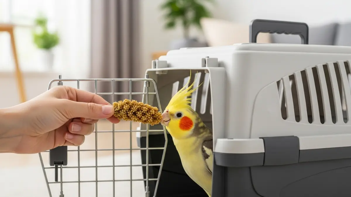 キャリーケーストレーニング方法。おやつを使った段階的な慣らし手順を3ステップで図解。視覚的慣れ→好印象付け→短時間閉じ込めの流れ。