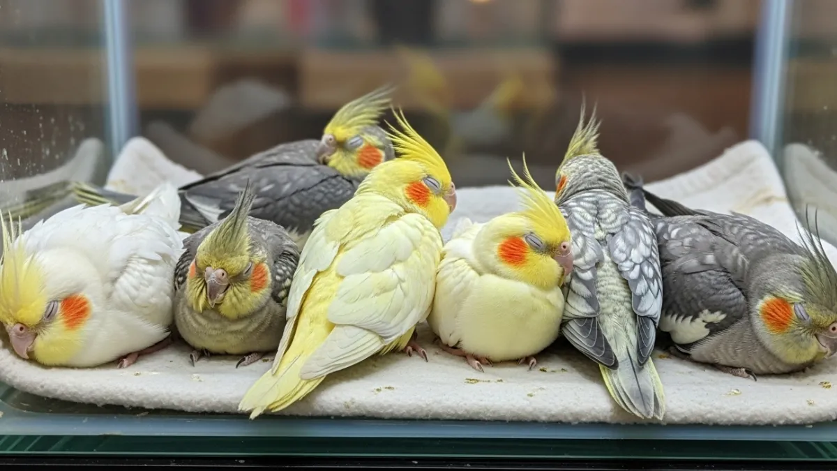 オカメインコの雛の睡眠に関するよくある質問（FAQ）を示す画像。変な寝方、なかなか寝ない、昼間も寝てばかりいる、といった飼い主が抱きがちな疑問に回答。