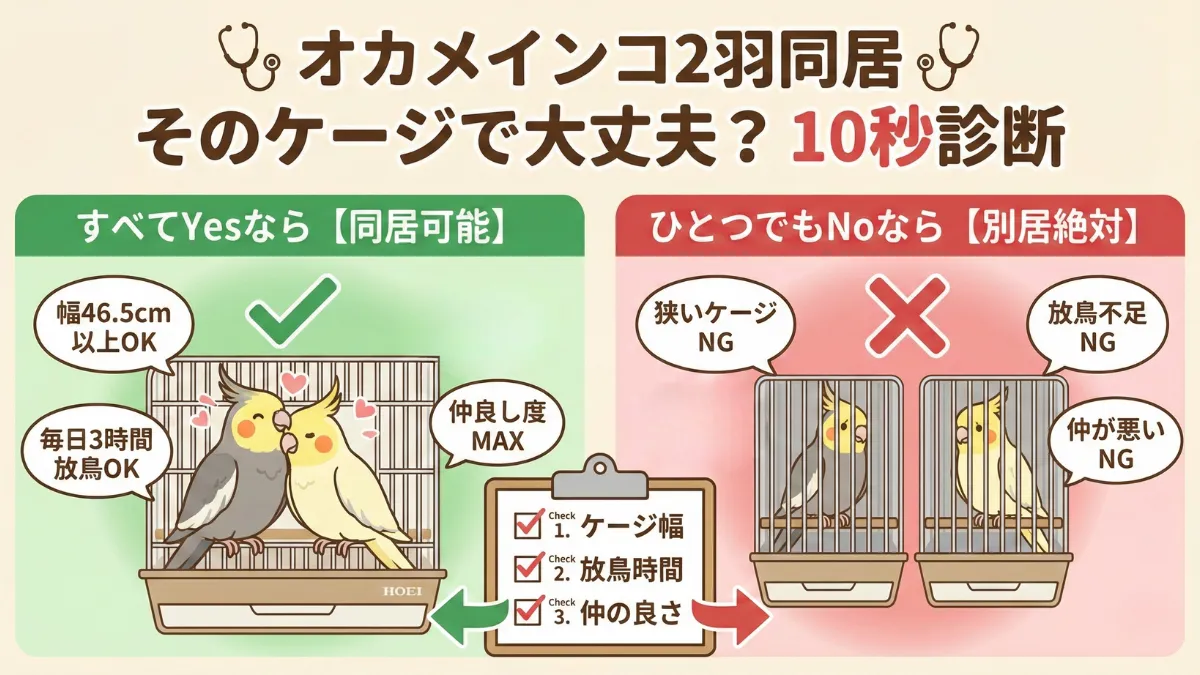 オカメインコ2羽同居の可否を診断する画像。幅46.5cm以上のケージ、放鳥時間3時間以上、2羽の良好な関係の3つをチェック。
