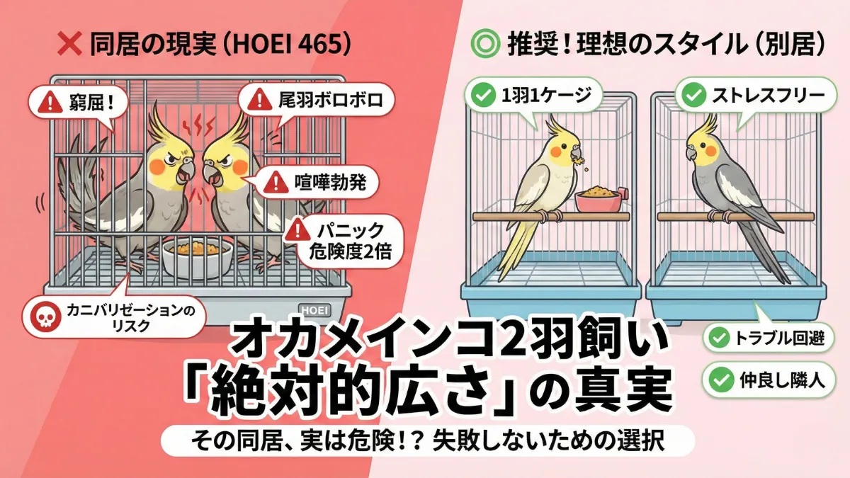 オカメインコ2羽飼いに必要なケージの広さを示す画像。HOEI35角は37cmで2羽同居NGで46.5cmでも窮屈、別居が推奨。