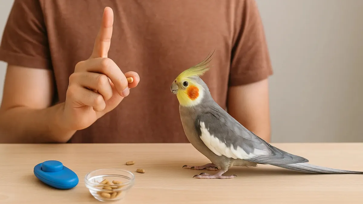 オカメインコのチャージングトレーニングの様子。クリッカーの音とご褒美を関連付けている場面