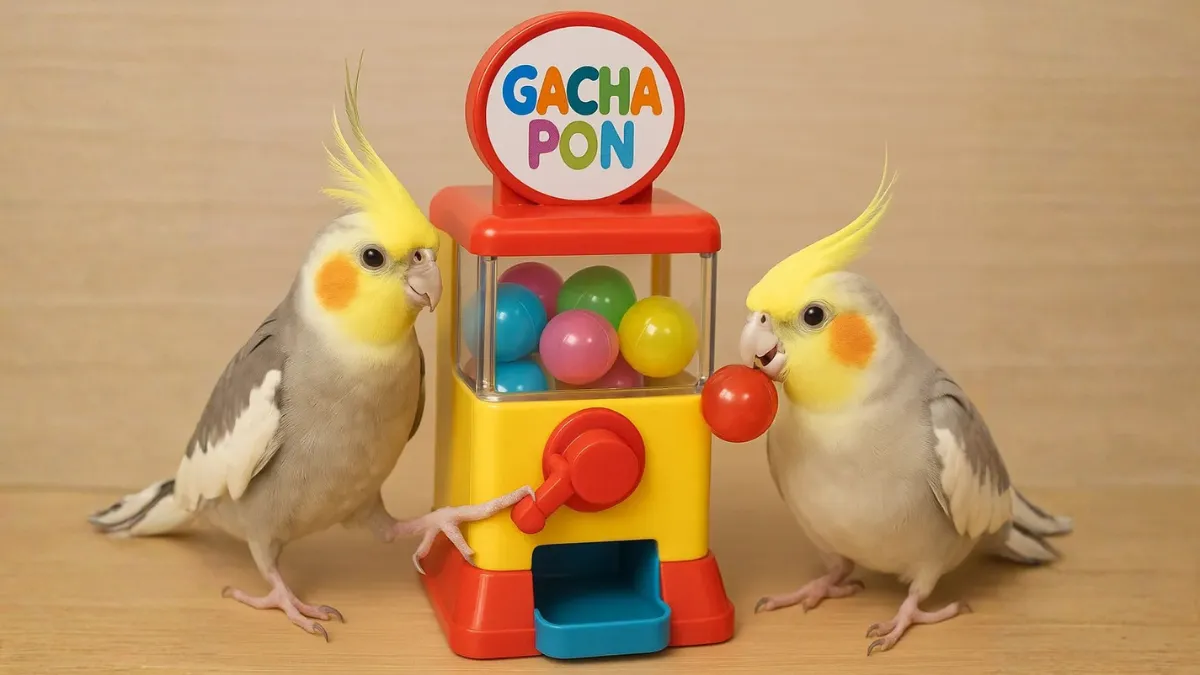 エンドレスガチャを2羽で連携して行うオカメインコ