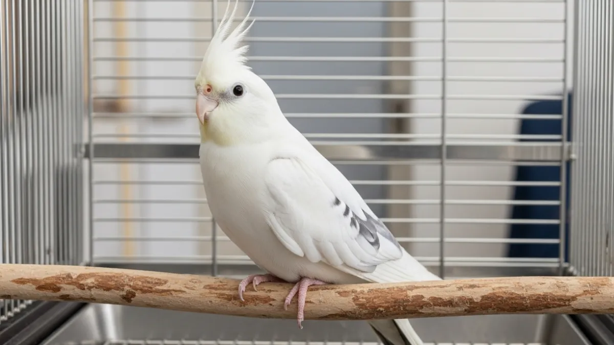 オカメインコホワイトフェイスがHOEI465オカメステンレスの中でくつろいでいる画像