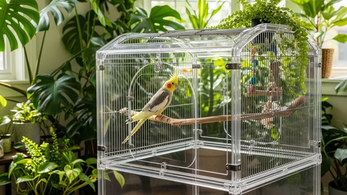 透明アクリルケージで暮らすオカメインコ。視認性が高く脂粉飛散を防ぎ保温性も優れた理想的な飼育環境を実現