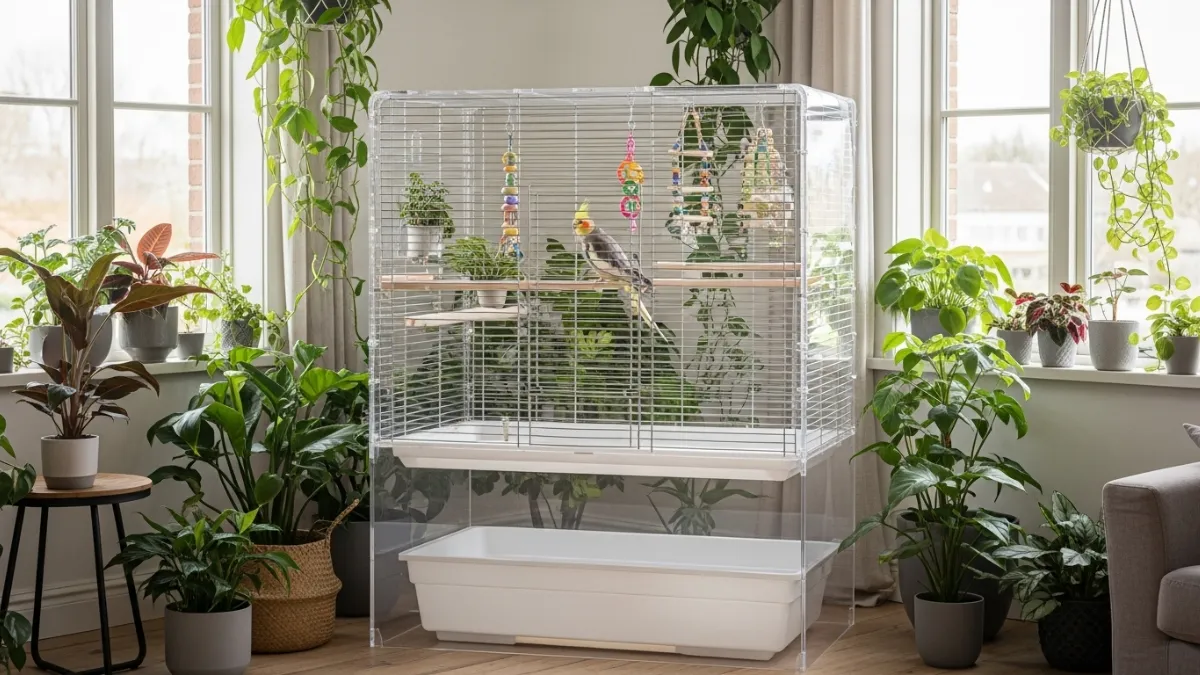 アクリルケージ内で快適に過ごすオカメインコ。透明なパネルが脂粉や餌の飛散を防ぎ、高い保温性で温度管理がしやすい環境を実現