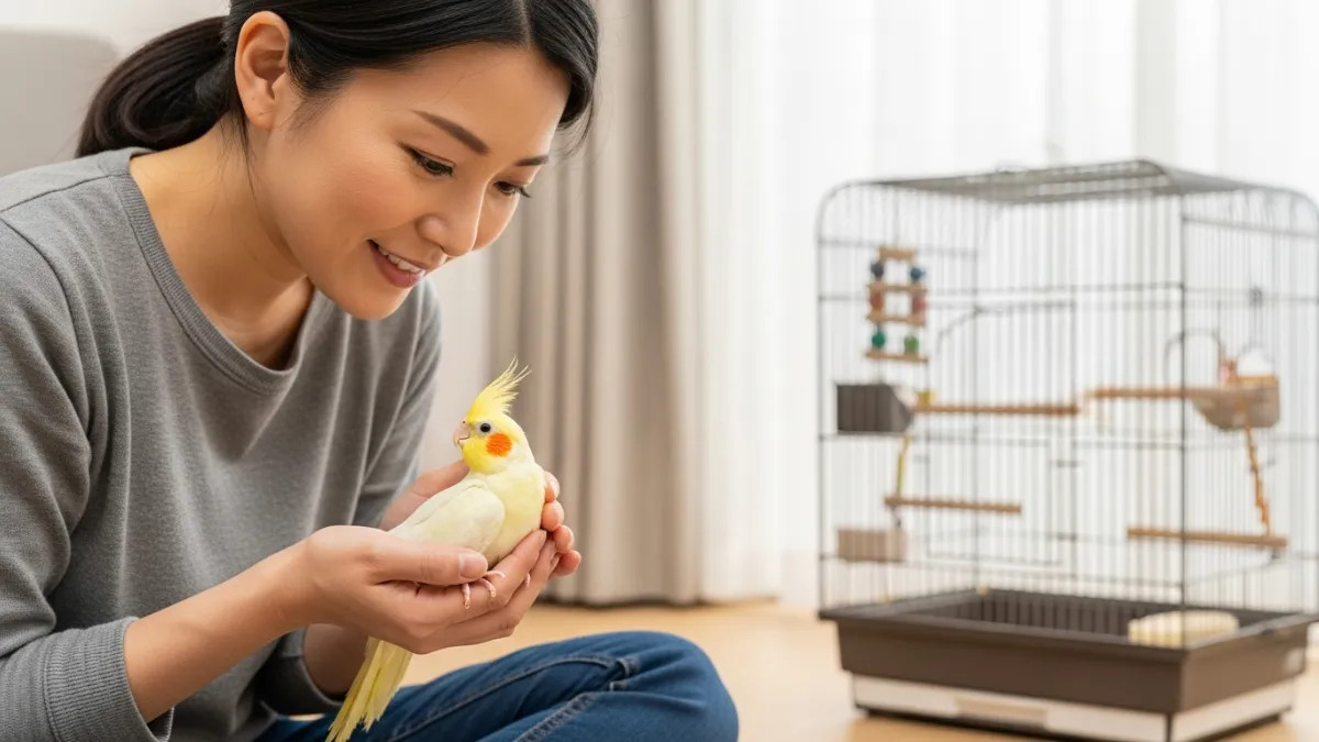 オカメインコ雛のケージデビューの事前準備。プラケースの近くにケージを設置し、視覚的に慣れさせる方法を示す。
