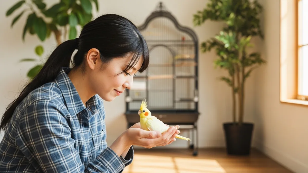 ケージの中で止まり木に止まっているオカメインコの若鳥。生後1ヶ月の成長期によくある飼い主の疑問（FAQ）を象徴する画像。