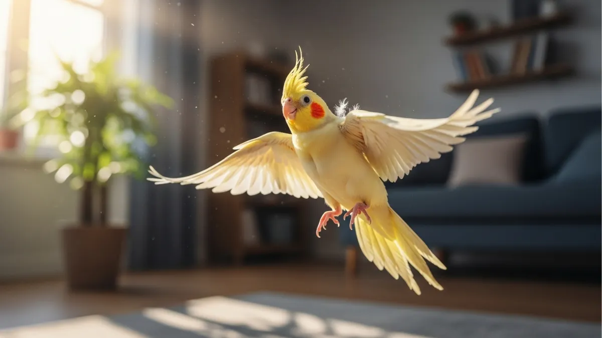 止まり木の上で力強く羽ばたき、初飛行が近い兆候を見せるオカメインコ。落ち着きなく上を見上げるなど、飛び立ちたい気持ちが現れている。